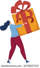 Woman carries oversized gift, red bow, yellow wrapping paper, celebration concept. Lady holding large present, festive mood, giftgiving theme, cheerful event. Female lifting giant box, cheerful