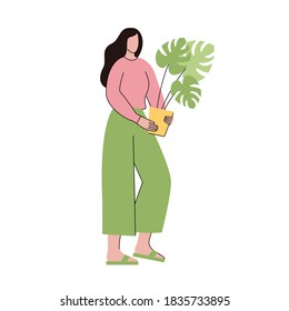 A woman carries a plant. Plant lady with room plant. Urban jungle. Female character. Vector illustration, flat simple design