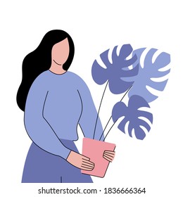 A woman carries a plant. Plant lady with room plant. Urban jungle. Female character. Vector illustration, flat simple design