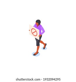 A woman carries a protest poster in her hands. Isolated on a white background. Flat vector isometric illustration.