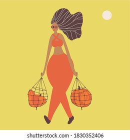 woman carries pumpkins hand drawn vector