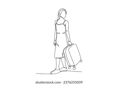 Una mujer lleva una maleta mientras está de vacaciones. Dibujo de una línea de estanqueidad