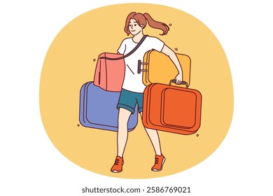 Woman carries lot of tourist suitcases when going on long trip or changing places of residence. Girl with heavy suitcases walks and smiles for concept immigration and change country