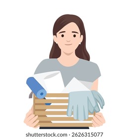 Woman carries a wooden basket filled with renovation tools, paint roller, gloves, and blueprints. Flat vector illustration isolated on white background