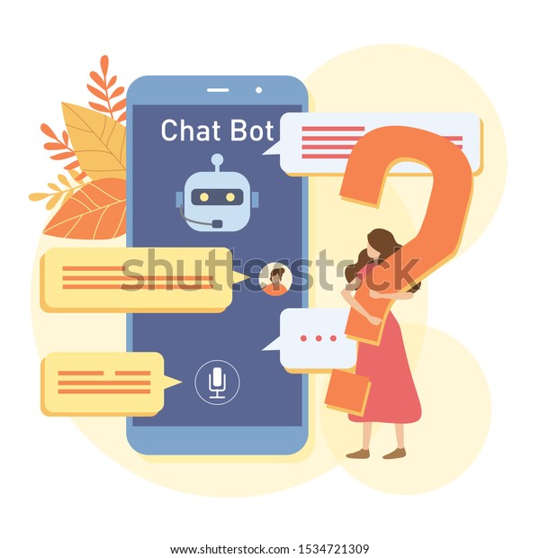 Woman carring question symbol. Woman\
chat mobile chatbot app. Vector illustration flat design style.\
Customer service, Call center, Ai, Chat bot concept.\
