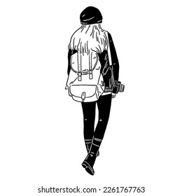 Woman carry Backpack Solo traveller Hand drawn line art Illustration