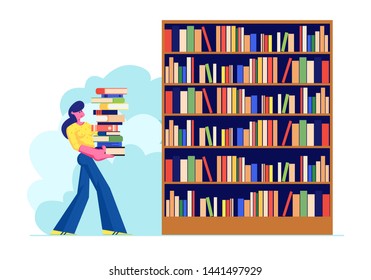 Woman Carry Big Heap of Book to Bookshelf in Public or Home Library Student Spend Time in Athenaeum or Archive Room with Bookcase, Character in Literature Storage. Cartoon Flat Vector Illustration