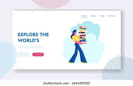 Woman Carry Big Heap of Book to Bookshelf in Public or Home Library Student in Athenaeum or Archive, Literature Storage. Website Landing Page, Web Page. Cartoon Flat Vector Illustration, Banner