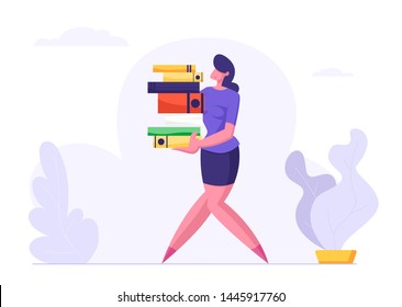 Woman Carry Big Heap of Documents Files. Businesswoman, Secretary Character, Office Employee at Work, Very Busy Day, Accounting Bureaucracy, Disorganized Manager. Cartoon Flat Vector Illustration