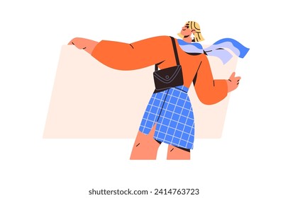 Woman carry clean paper sheet back view. Girl holds blank banner with place for text. Person with placard, poster. Character with empty background in hands. Flat isolated vector illustration on white