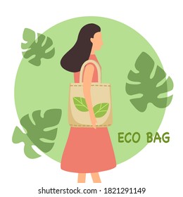 Woman carry eco bag or zero waste bag. No plastic bag campaign. Save environment and the earth. 