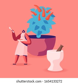 Woman Carry Hot Chilli Sauce in Plate with Huge Chilli Pepper Potted Tree and Mortar for Grinding Cooking Spices and Ingredients. Spicy Food, Mexican Cuisine Seasoning. Cartoon Vector Illustration