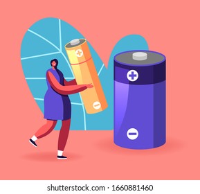 Woman Carry Huge Battery to Throw Garbage into Special Litter Bin for Recycle Rubbish, Sorting Waste and Segregation. Environment Protection, Reduce Earth Pollution. Cartoon Flat Vector Illustration