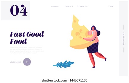 Woman Carry Huge Piece of Cheese, Diet, Healthy Nutrition, Fastfood Outdoor Street Party, City Fest Event, Pizza Festival Website Landing Page, Web Page. Cartoon Flat Vector Illustration, Banner