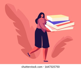 Woman Carry Huge Pile of Paper Documents or Wastepaper to Throw Garbage to Recycle Litter Bin. Environmental Protection Concept. Waste Sort, Recycle and Segregation. Cartoon Flat Vector Illustration