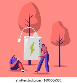 Woman Carry Huge Powerbank for Cellphone Wired Charging. Tiny Female Character with Usb Device for Mobile Phone. People Use Smart Digital Technologies and Accessories. Cartoon Vector Illustration