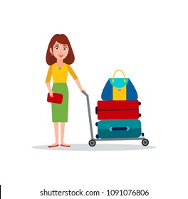 Woman carry luggage on transportation cart vector suitcases and handbags on trolley isolated on white, color bags for travelling, cases for clothes