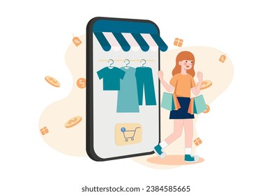 Woman carry shopping bags. online shopping in online shops. People buy fashion cloths in online shops. Shoppers buying on internet sale flat vector illustration..