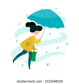 Woman carry umbrella under rainfall. Modern art concept with happy girl walking after shopping.