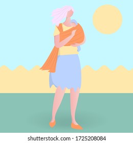 Woman carrying baby on her hands on a street. Simple vector illustration with landscape and sun in the sky. Cute colorful character in trendy cartoon flat style. Mother with newborn child boy or girl