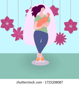 Woman carrying baby on her hands in the room. Simple vector illustration in apartment. Cute colorful character in trendy cartoon flat style. Mother with newborn child boy or girl sitting on a chair