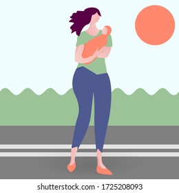 Woman carrying baby on her hands on a street. Simple vector illustration with landscape and sun in the sky. Cute colorful character in trendy cartoon flat style. Mother with newborn child boy or girl