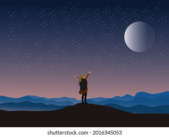 A woman carrying a backpack holds her arms on a mountain peak with the moon and stars in the background.