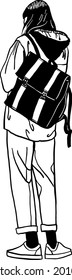 Woman carrying backpack traveler lifestyle Hand drawn line art illustration