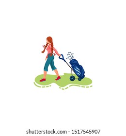 Woman carrying bag for golf clubs on wheels vector illustration