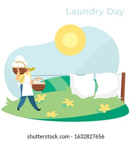 Woman carrying baskets with clean laundry to hang bed sheets outside, vector illustration. Countryside lifestyle, homework outdoor, summertime nature. Bed linen drying in sun, woman hanging laundry