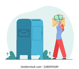 Woman carrying big envelope with money towards mailbox. Female character sending money via post flat vector illustration. Finances, payment, mail concept for banner, website design or landing web page