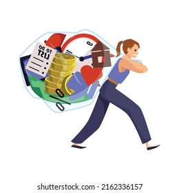 Woman carrying big and heavy bag with life burdens, flat vector illustration isolated on white background. Angry cartoon character is tired and overwhelmed. Deadline, debt, taxes and housing concepts.