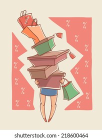 Woman Carrying Big Pile of Packages, Shopping Sale