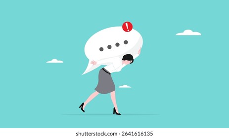 woman carrying big speech bubble with lots of notifications, customer service concept, managing customer chat manually