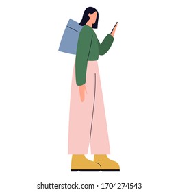 Woman carrying box with food. Delivery woman. Fastfood courier service. Takeaway concept. Woman with giant backpack holding phone to track her way. Pizza delivery flat vector illustration.