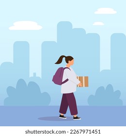 Woman carrying box or parcel.  Vector concept. Illustration delivery package, carrying cardboard box.