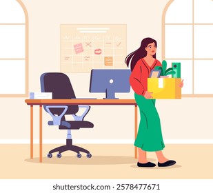 Woman carrying a box of personal items, leaving an office setting with desk and chair, calendar on the wall, and soft pastel tones. Concept of job resignation. Vector illustration