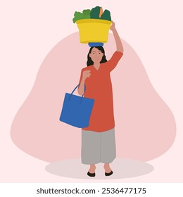 A woman carrying a bucket of vegetables on his head illustration