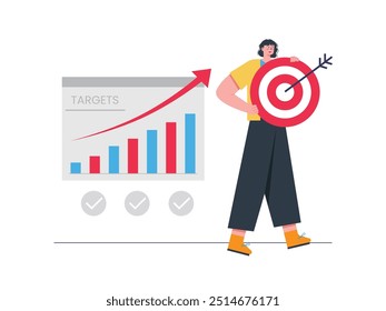 Woman carrying a dartboard, with a goal of increasing business profits. Character design. Vector flat illustration