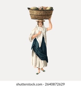 Woman carrying fruit basket, vintage illustration by Alfred Diston, isolated vector element. 