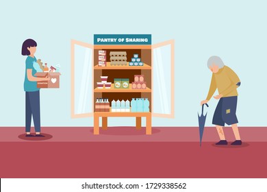 Woman carrying full of donation food box to public free pantry. Homeless need food. Pantry of sharing campaign. Lack of Food due to Coronavirus (COVID-19) crisis. Flat vector illustration.