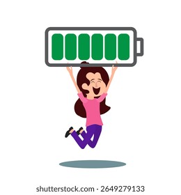 woman carrying full rechargeable battery. Full battery recharge concept, positive energy, having motivation to work.