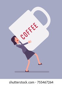 Woman carrying giant coffee mug. Enjoying a break from work for coffee, increasing the senses of euphoria and energy. Vector flat style cartoon business concept illustration