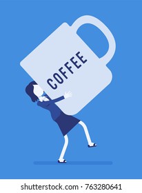 Woman carrying a giant coffee mug. Enjoying a break from work, increasing senses of euphoria and energy, search for relax and inspiration. Vector business concept illustration with faceless character