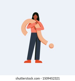 Woman carrying giant question mark. Concept of curiosity, interest, questions. Flat vector illustration