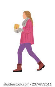 Woman carrying gift box with Christmas present.
