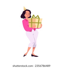 Woman carrying gift box, flat vector illustration isolated on white background. Concepts of holiday celebration or birthday party. Office worker in pointy hat holding present.