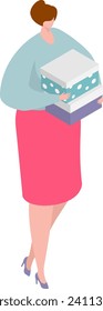 Woman carrying gift boxes, birthday celebration. Female holding presents, surprise party preparation vector illustration.