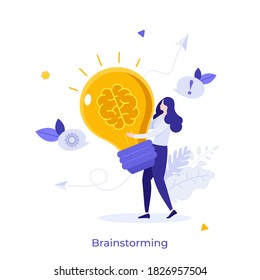 Mujer cargando bombilla brillante con el cerebro dentro. Concepto de lluvia de ideas, poder de inteligencia, pensamiento creativo, generación de ideas innovadoras. Ilustración vectorial moderna de color plano para banner.