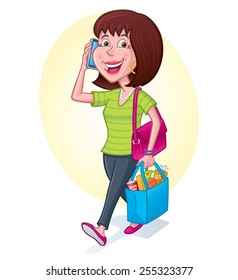 Woman Carrying Groceries While On Cell Phone